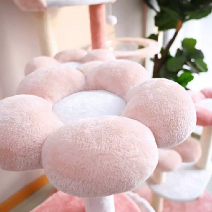 Árbol para gatos floral de tela de terciopelo con cuerda de cáñamo, tablero de fibra de densidad media, diseño creativo contemporáneo, redondo, mediano, de 1/2-condominio y 3/4-percha, para sala de estar 