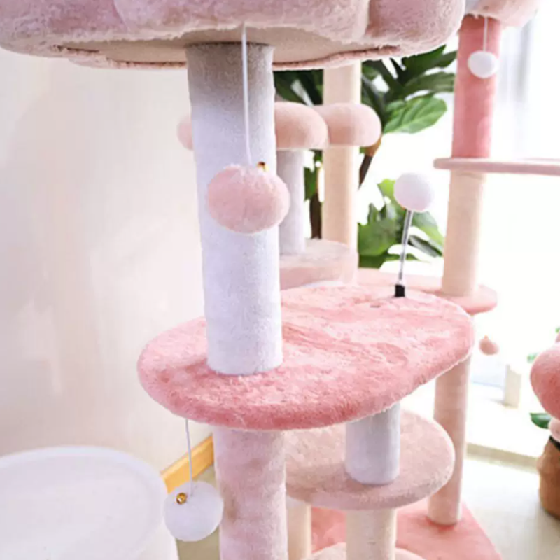 Árbol para gatos floral de tela de terciopelo con cuerda de cáñamo, tablero de fibra de densidad media, diseño creativo contemporáneo, redondo, mediano, de 1/2-condominio y 3/4-percha, para sala de estar 