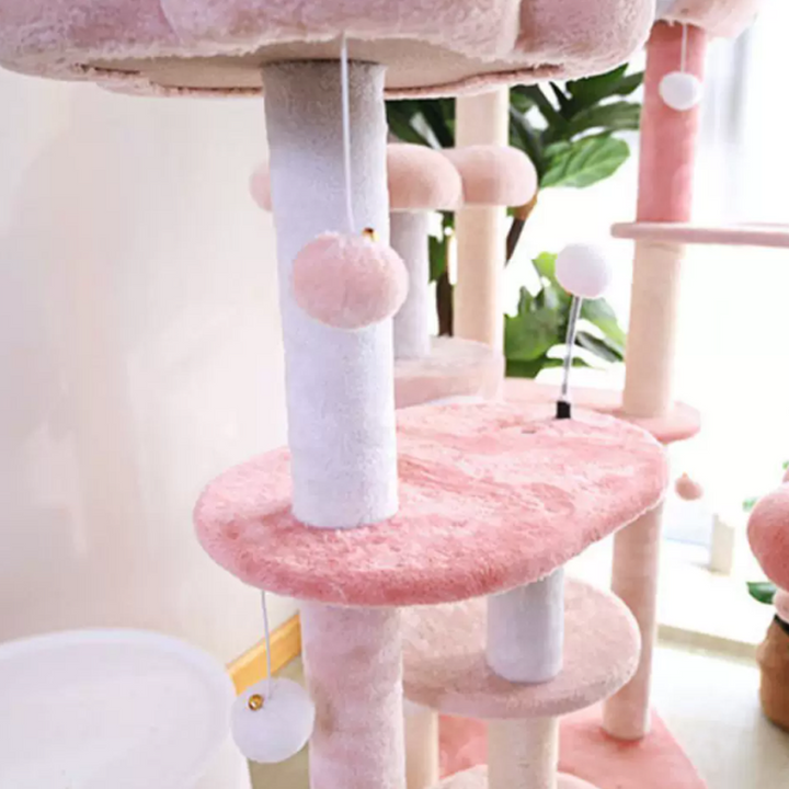 Árbol para gatos floral de tela de terciopelo con cuerda de cáñamo, tablero de fibra de densidad media, diseño creativo contemporáneo, redondo, mediano, de 1/2-condominio y 3/4-percha, para sala de estar 