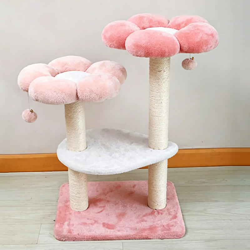 Árbol para gatos floral de tela de terciopelo con cuerda de cáñamo, tablero de fibra de densidad media, diseño creativo contemporáneo, redondo, mediano, de 1/2-condominio y 3/4-percha, para sala de estar 