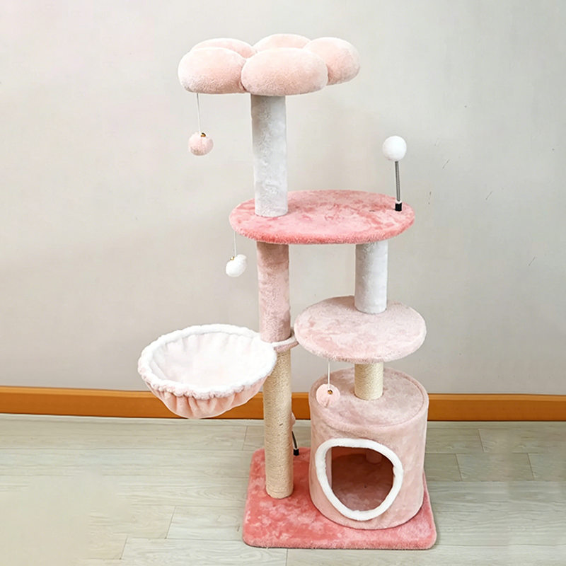 Árbol para gatos floral de tela de terciopelo con cuerda de cáñamo, tablero de fibra de densidad media, diseño creativo contemporáneo, redondo, mediano, de 1/2-condominio y 3/4-percha, para sala de estar 