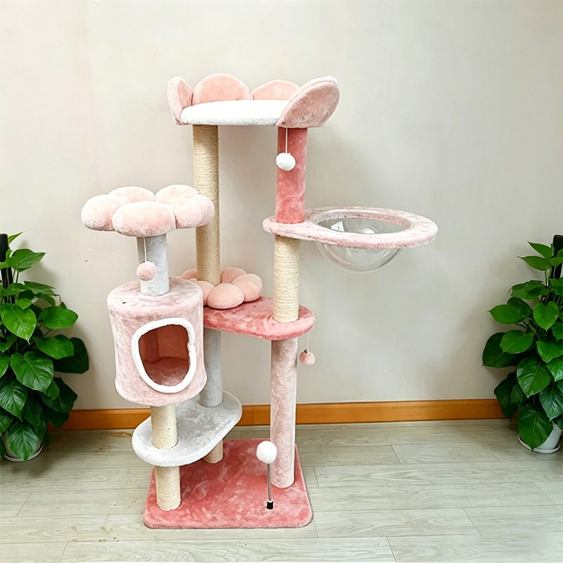 Árbol para gatos floral de tela de terciopelo con cuerda de cáñamo, tablero de fibra de densidad media, diseño creativo contemporáneo, redondo, mediano, de 1/2-condominio y 3/4-percha, para sala de estar 