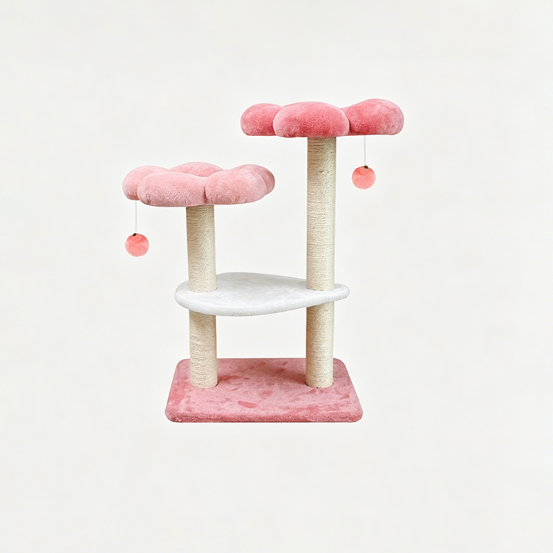 Árbol para gatos floral de tela de terciopelo con cuerda de cáñamo, tablero de fibra de densidad media, diseño creativo contemporáneo, redondo, mediano, de 1/2-condominio y 3/4-percha, para sala de estar 