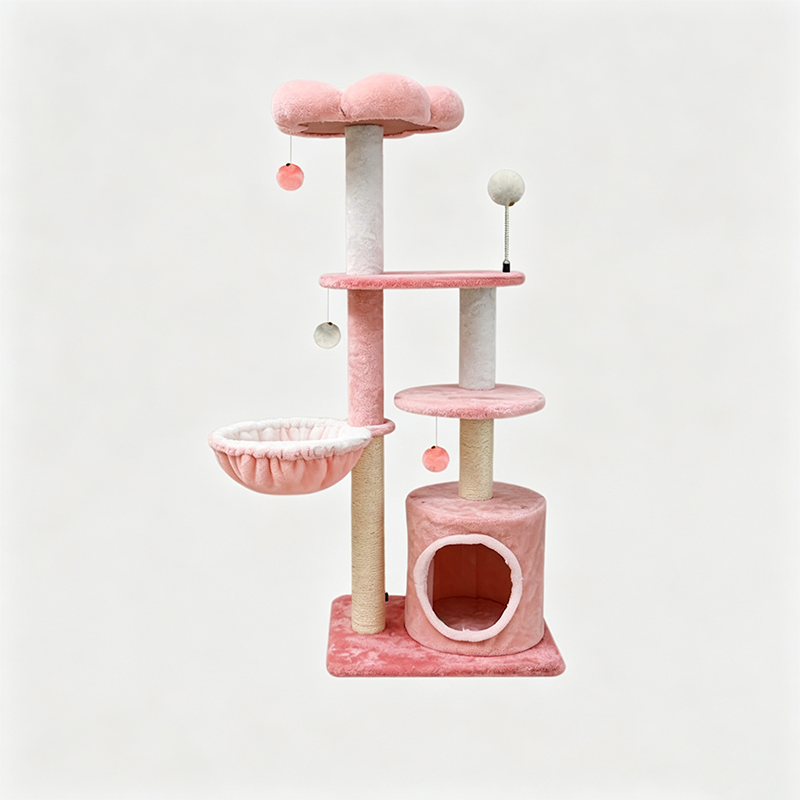 Árbol para gatos floral de tela de terciopelo con cuerda de cáñamo, tablero de fibra de densidad media, diseño creativo contemporáneo, redondo, mediano, de 1/2-condominio y 3/4-percha, para sala de estar 