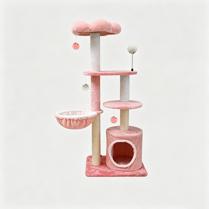 Árbol para gatos floral de tela de terciopelo con cuerda de cáñamo, tablero de fibra de densidad media, diseño creativo contemporáneo, redondo, mediano, de 1/2-condominio y 3/4-percha, para sala de estar 
