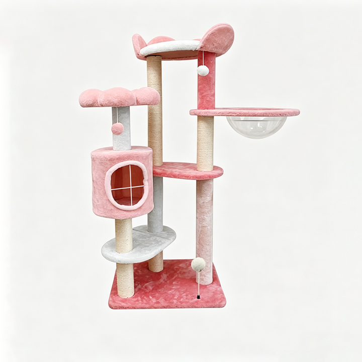 Árbol para gatos floral de tela de terciopelo con cuerda de cáñamo, tablero de fibra de densidad media, diseño creativo contemporáneo, redondo, mediano, de 1/2-condominio y 3/4-percha, para sala de estar 