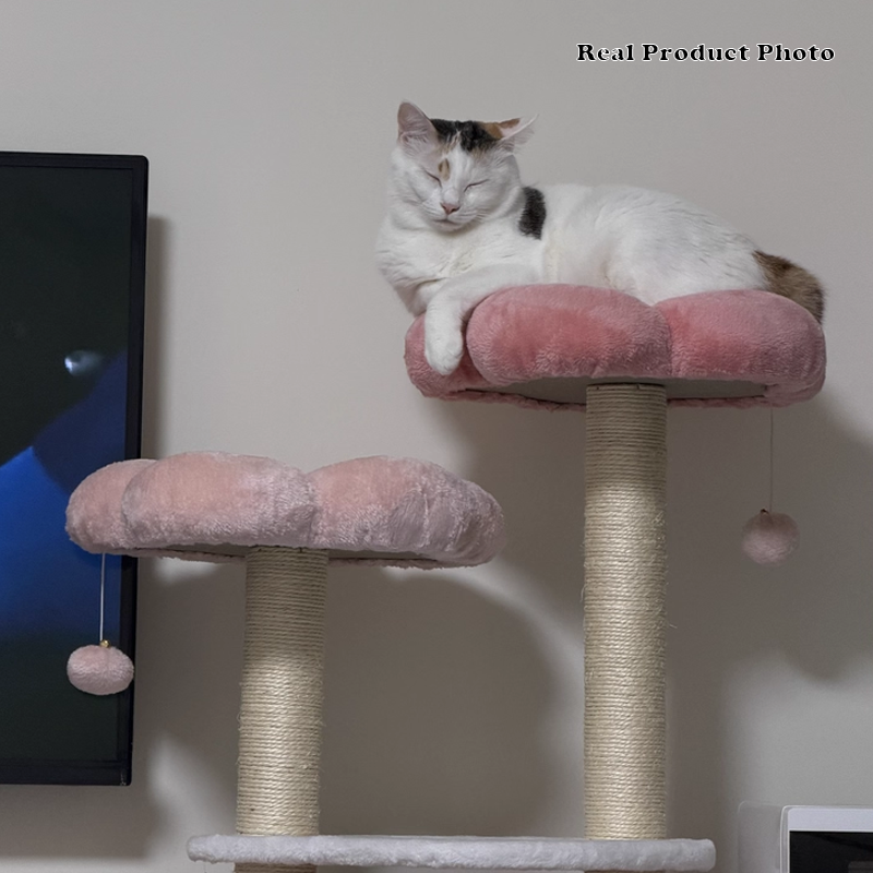 Árbol para gatos floral de tela de terciopelo con cuerda de cáñamo, tablero de fibra de densidad media, diseño creativo contemporáneo, redondo, mediano, de 1/2-condominio y 3/4-percha, para sala de estar 