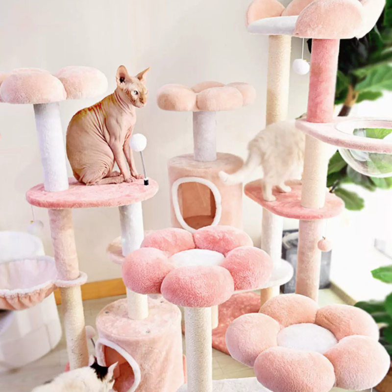 Árbol para gatos floral de tela de terciopelo con cuerda de cáñamo, tablero de fibra de densidad media, diseño creativo contemporáneo, redondo, mediano, de 1/2-condominio y 3/4-percha, para sala de estar 