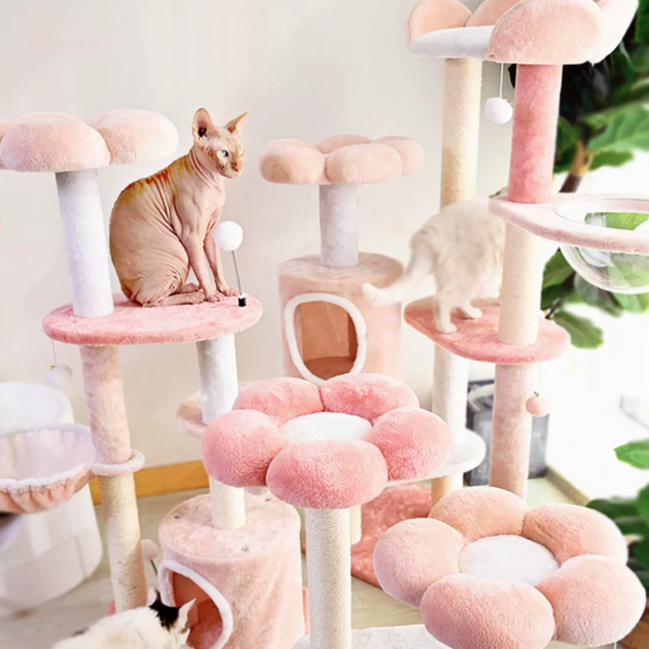 Árbol para gatos floral de tela de terciopelo con cuerda de cáñamo, tablero de fibra de densidad media, diseño creativo contemporáneo, redondo, mediano, de 1/2-condominio y 3/4-percha, para sala de estar 