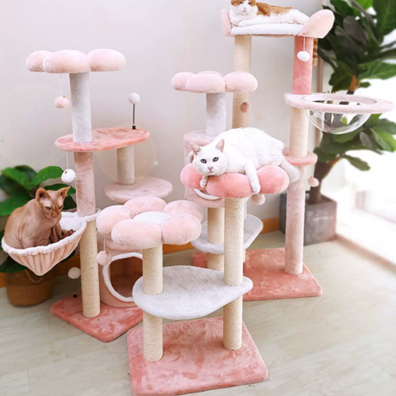 Árbol para gatos floral de tela de terciopelo con cuerda de cáñamo, tablero de fibra de densidad media, diseño creativo contemporáneo, redondo, mediano, de 1/2-condominio y 3/4-percha, para sala de estar 