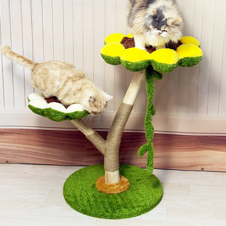 Contemporary Creative Round Plywood Natural Fruitwood Velvet Fabric Hemp Rope 2-Perch Cat Tree & Condo For Living Room