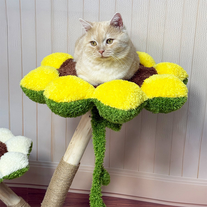 Contemporary Creative Round Plywood Natural Fruitwood Velvet Fabric Hemp Rope 2-Perch Cat Tree & Condo For Living Room