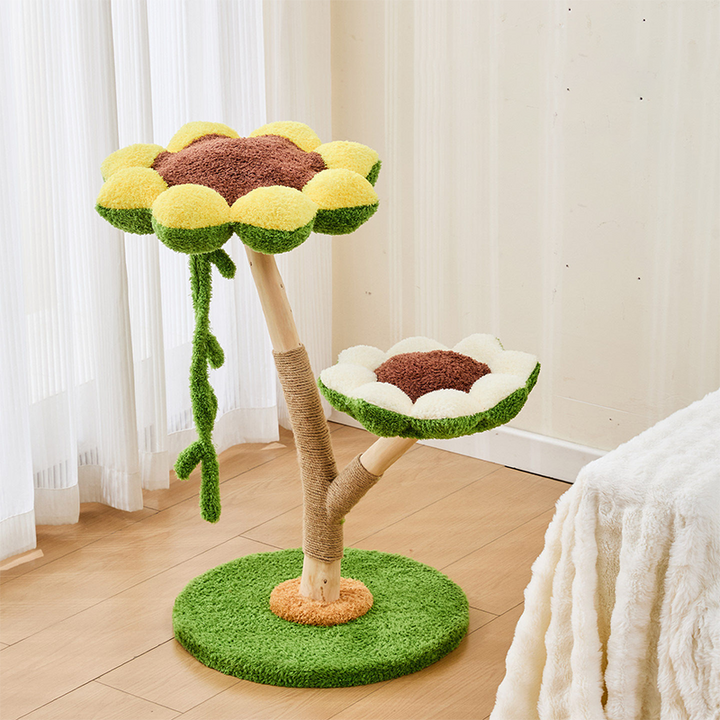Contemporary Creative Round Plywood Natural Fruitwood Velvet Fabric Hemp Rope 2-Perch Cat Tree & Condo For Living Room