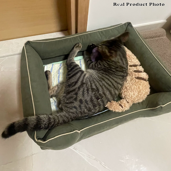 Zeitgenössisches skandinavisches rechteckiges Katzenbett aus Samtstoff und Baumwolle mit geschlossenem Design und antistatischer Ausführung für das Schlafzimmer 