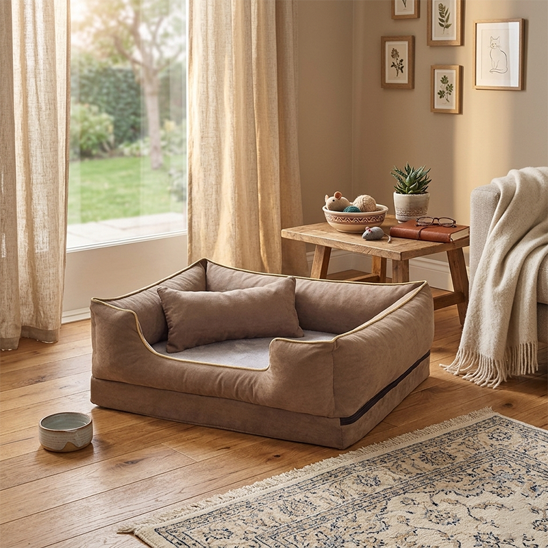 Zeitgenössisches skandinavisches rechteckiges Katzenbett aus Samtstoff und Baumwolle mit geschlossenem Design und antistatischer Ausführung für das Schlafzimmer 