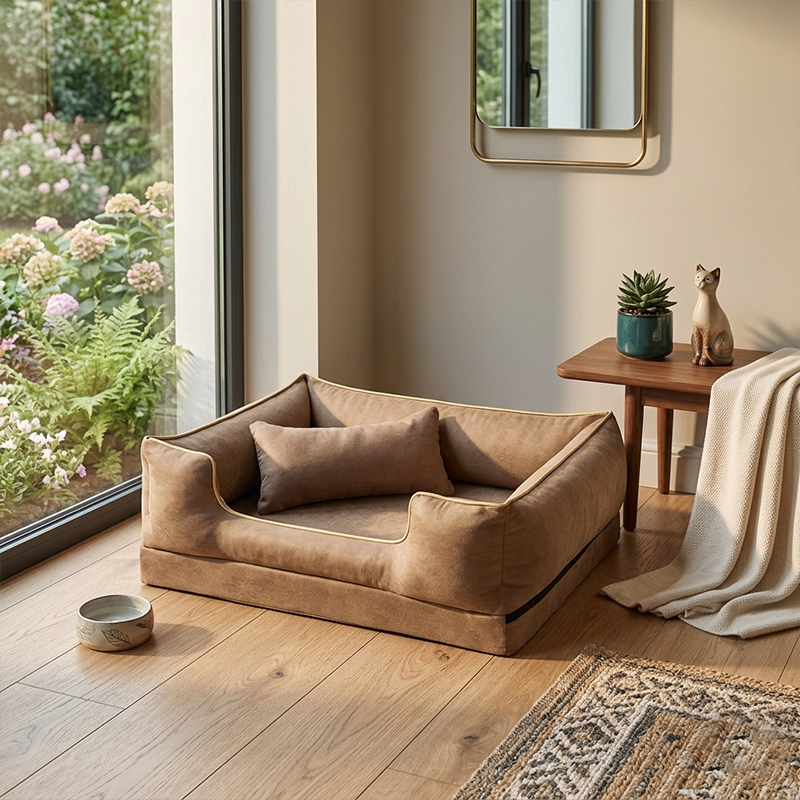 Zeitgenössisches skandinavisches rechteckiges Katzenbett aus Samtstoff und Baumwolle mit geschlossenem Design und antistatischer Ausführung für das Schlafzimmer 
