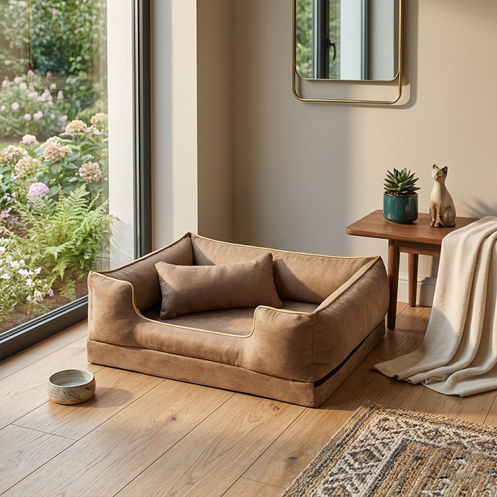 Zeitgenössisches skandinavisches rechteckiges Katzenbett aus Samtstoff und Baumwolle mit geschlossenem Design und antistatischer Ausführung für das Schlafzimmer 