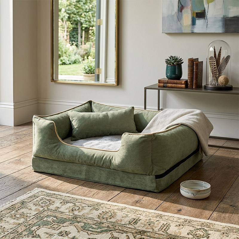 Zeitgenössisches skandinavisches rechteckiges Katzenbett aus Samtstoff und Baumwolle mit geschlossenem Design und antistatischer Ausführung für das Schlafzimmer 
