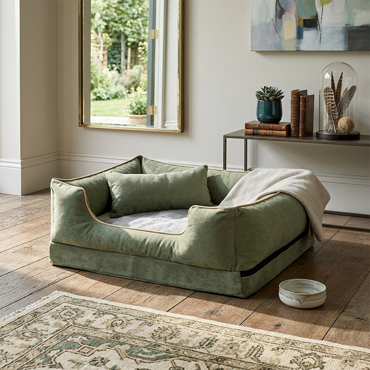 Zeitgenössisches skandinavisches rechteckiges Katzenbett aus Samtstoff und Baumwolle mit geschlossenem Design und antistatischer Ausführung für das Schlafzimmer 
