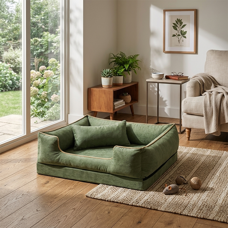 Zeitgenössisches skandinavisches rechteckiges Katzenbett aus Samtstoff und Baumwolle mit geschlossenem Design und antistatischer Ausführung für das Schlafzimmer 