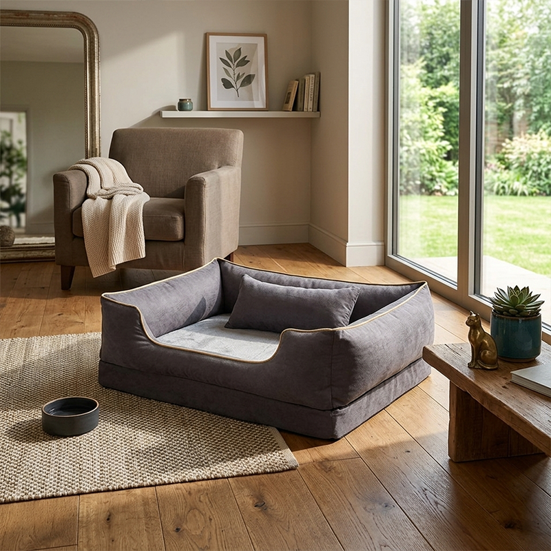 Zeitgenössisches skandinavisches rechteckiges Katzenbett aus Samtstoff und Baumwolle mit geschlossenem Design und antistatischer Ausführung für das Schlafzimmer 