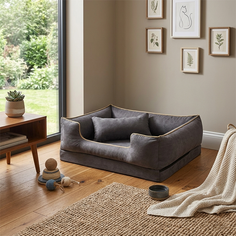 Zeitgenössisches skandinavisches rechteckiges Katzenbett aus Samtstoff und Baumwolle mit geschlossenem Design und antistatischer Ausführung für das Schlafzimmer 