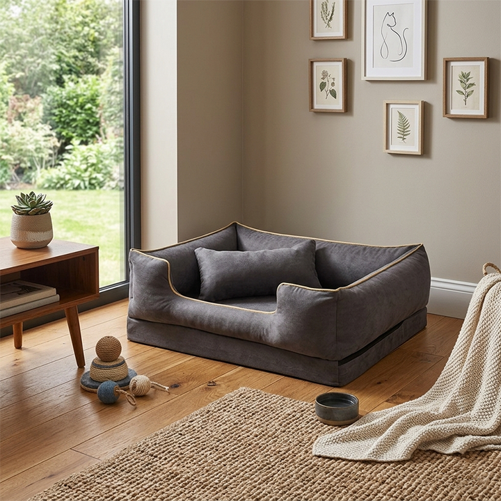 Zeitgenössisches skandinavisches rechteckiges Katzenbett aus Samtstoff und Baumwolle mit geschlossenem Design und antistatischer Ausführung für das Schlafzimmer 
