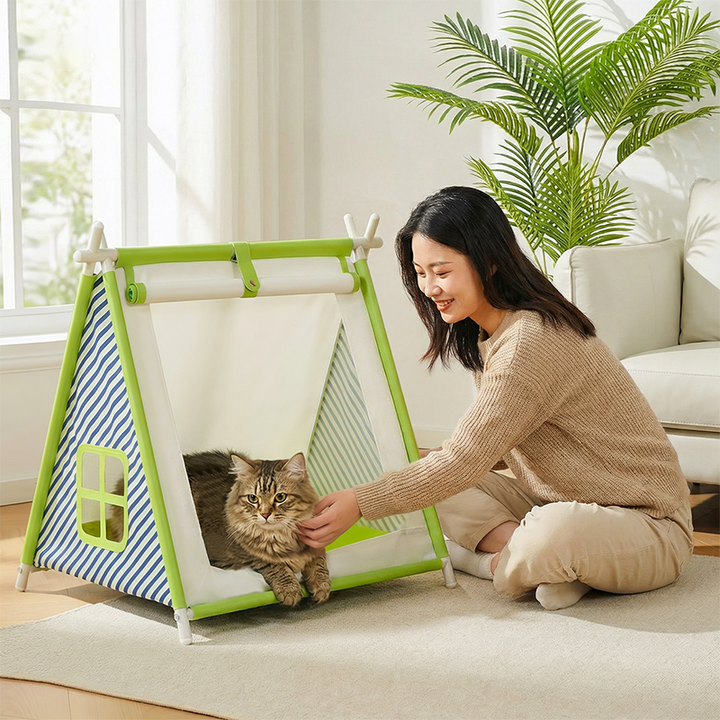 Contemporary Creative Triangular Oxford Fabric Steel Pipe Semi-Enclosed Tent Cat Bed For Bedroom