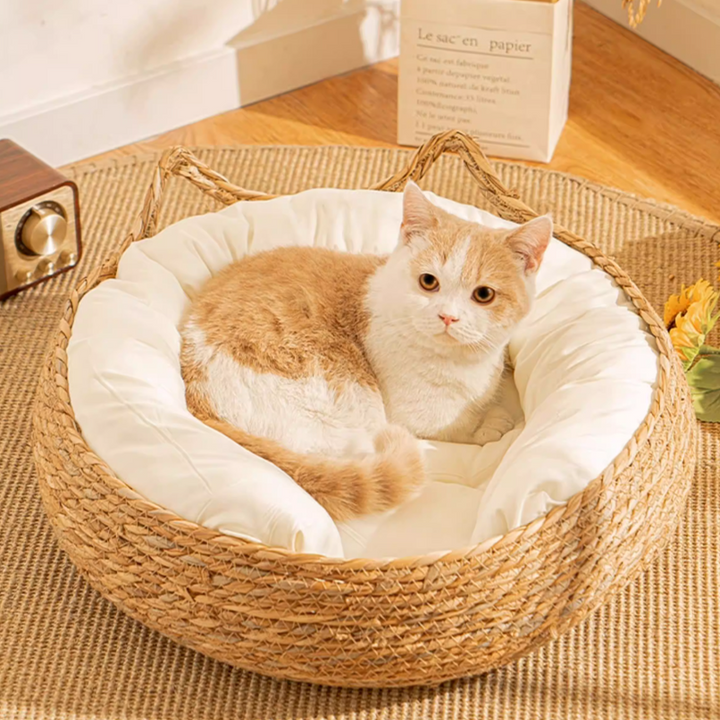 Traditional Farmhouse Round Reed Cotton Rope Cat Bed For Bedroom