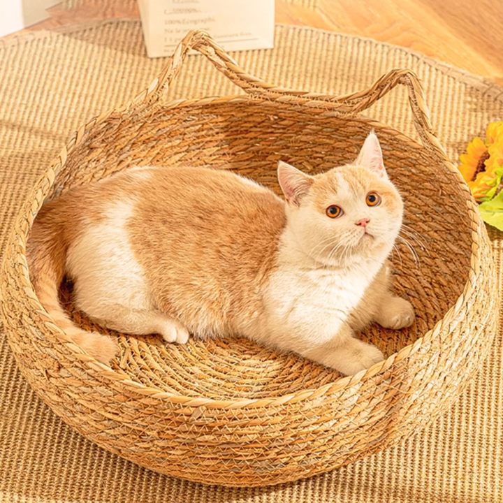 Traditional Farmhouse Round Reed Cotton Rope Cat Bed For Bedroom