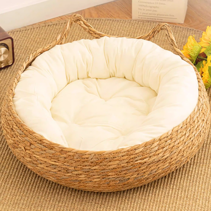 Cama redonda para gatos de cuerda de algodón y junco estilo granja tradicional para dormitorio 