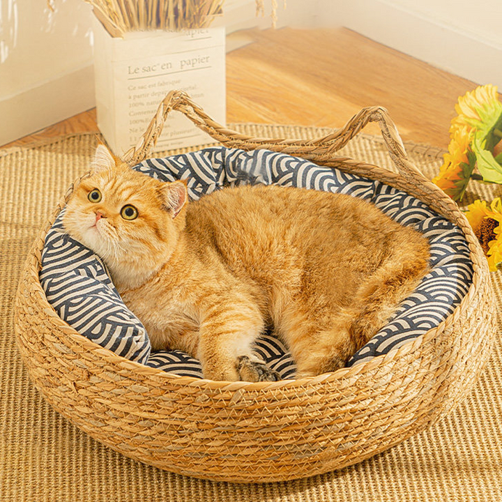 Cama redonda para gatos de cuerda de algodón y junco estilo granja tradicional para dormitorio 