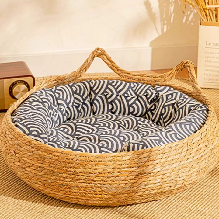 Cama redonda para gatos de cuerda de algodón y junco estilo granja tradicional para dormitorio 