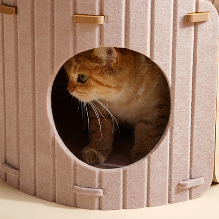 Zeitgenössisches skandinavisches ovales doppelstöckiges Katzenbett aus mitteldichter Faserplatte, Filz und Sisal für das Schlafzimmer 
