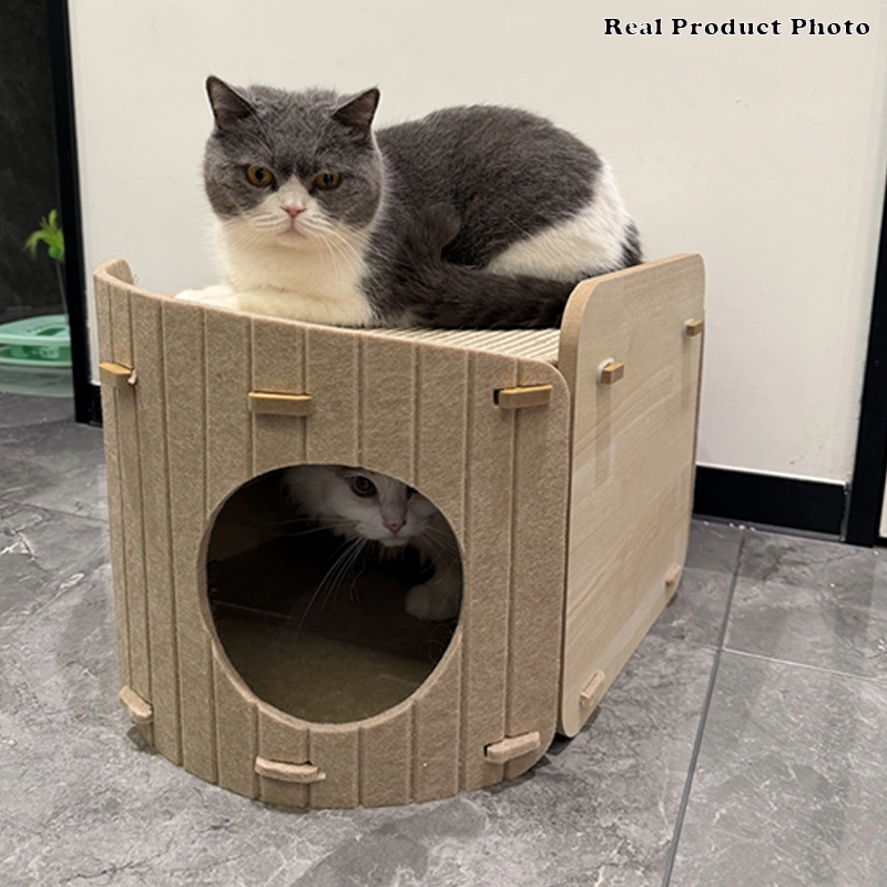 Zeitgenössisches skandinavisches ovales doppelstöckiges Katzenbett aus mitteldichter Faserplatte, Filz und Sisal für das Schlafzimmer 