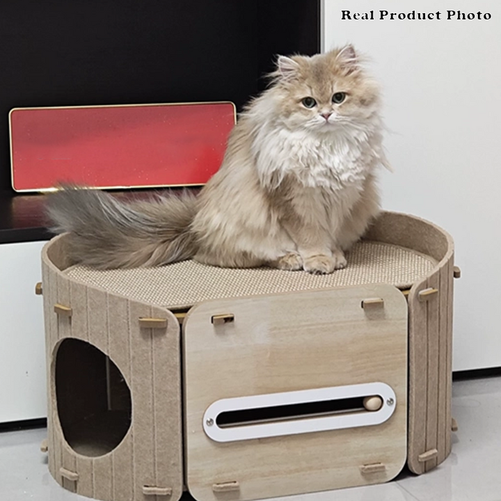 Zeitgenössisches skandinavisches ovales doppelstöckiges Katzenbett aus mitteldichter Faserplatte, Filz und Sisal für das Schlafzimmer 