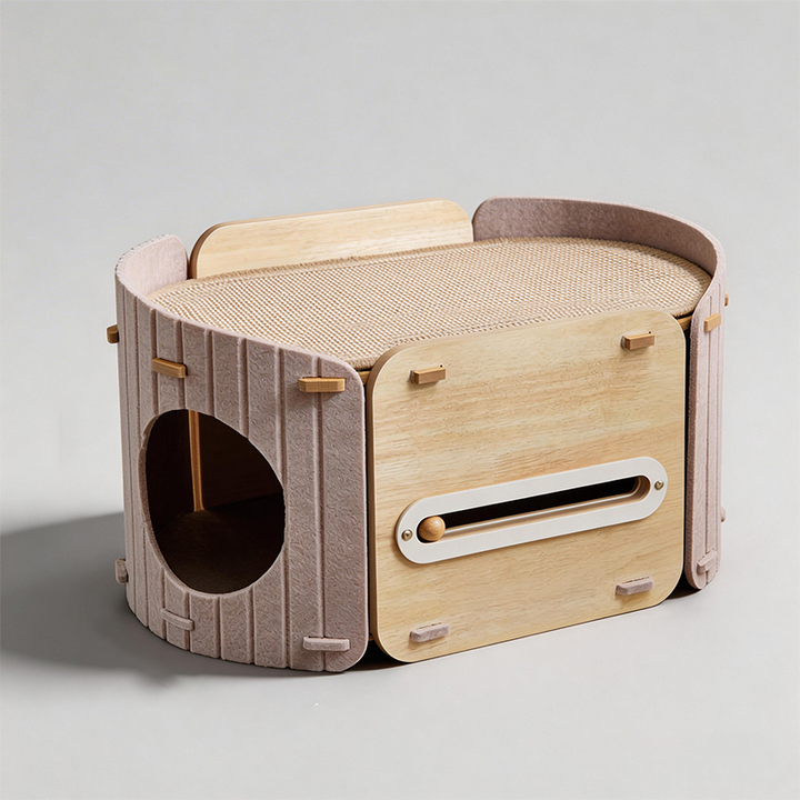 Cama para Gatos de Doble Capa de Fieltro y Sisal con Tablero de Fibra de Densidad Media Ovalada de Estilo Escandinavo Contemporáneo para Dormitorio 