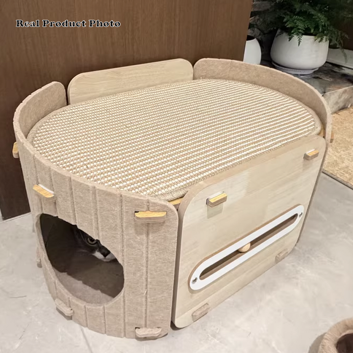 Zeitgenössisches skandinavisches ovales doppelstöckiges Katzenbett aus mitteldichter Faserplatte, Filz und Sisal für das Schlafzimmer 