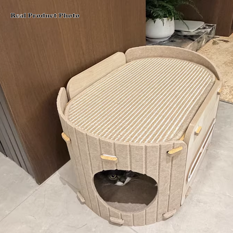 Zeitgenössisches skandinavisches ovales doppelstöckiges Katzenbett aus mitteldichter Faserplatte, Filz und Sisal für das Schlafzimmer 