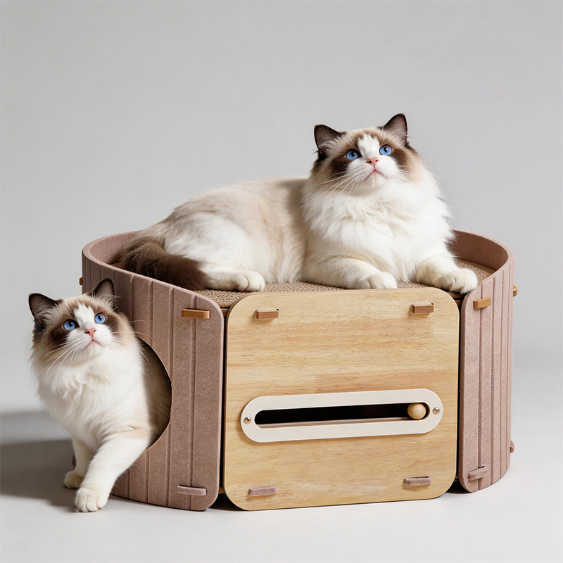 Zeitgenössisches skandinavisches ovales doppelstöckiges Katzenbett aus mitteldichter Faserplatte, Filz und Sisal für das Schlafzimmer 