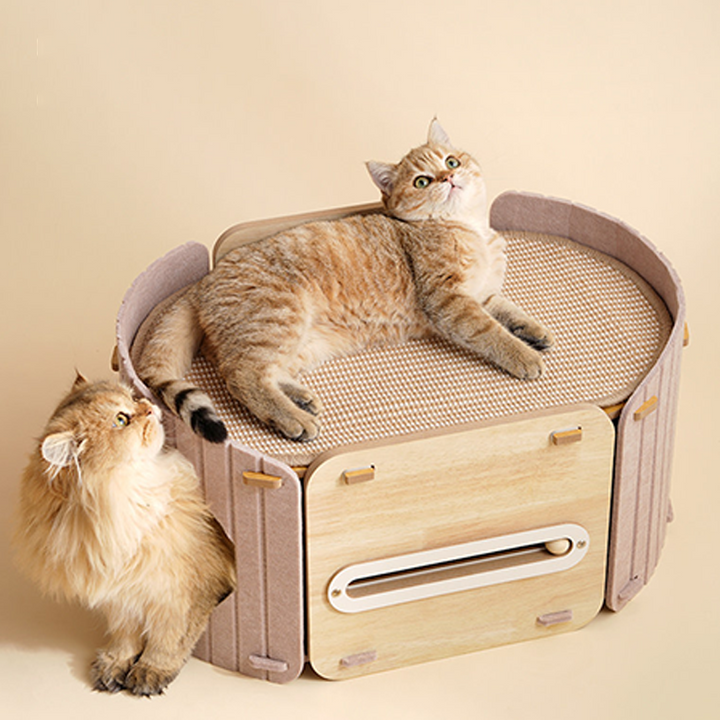 Cama para Gatos de Doble Capa de Fieltro y Sisal con Tablero de Fibra de Densidad Media Ovalada de Estilo Escandinavo Contemporáneo para Dormitorio 