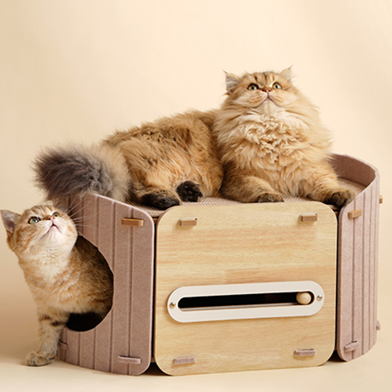 Zeitgenössisches skandinavisches ovales doppelstöckiges Katzenbett aus mitteldichter Faserplatte, Filz und Sisal für das Schlafzimmer 