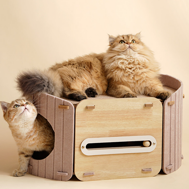 Zeitgenössisches skandinavisches ovales doppelstöckiges Katzenbett aus mitteldichter Faserplatte, Filz und Sisal für das Schlafzimmer 