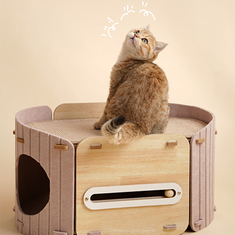 Zeitgenössisches skandinavisches ovales doppelstöckiges Katzenbett aus mitteldichter Faserplatte, Filz und Sisal für das Schlafzimmer 