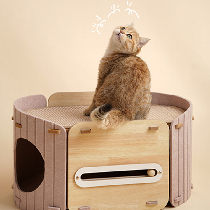 Zeitgenössisches skandinavisches ovales doppelstöckiges Katzenbett aus mitteldichter Faserplatte, Filz und Sisal für das Schlafzimmer 