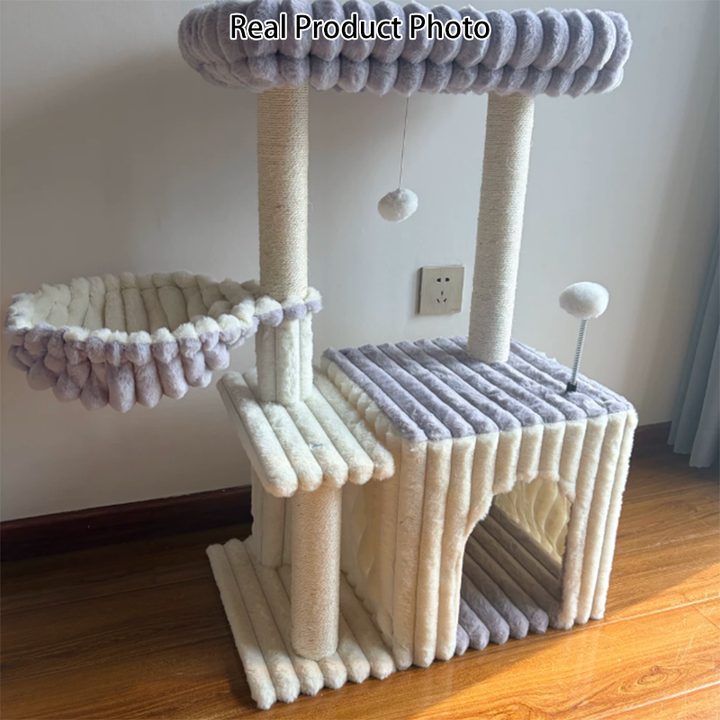 Contemporary Scandinavian Rectangular Particleboard Velvet Fabric Sisal 2-Condo 1-Perch Cat Tree For Bedroom