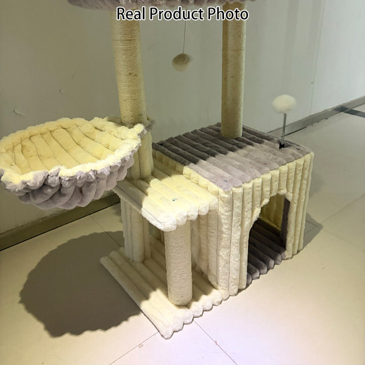 Contemporary Scandinavian Rectangular Particleboard Velvet Fabric Sisal 2-Condo 1-Perch Cat Tree For Bedroom