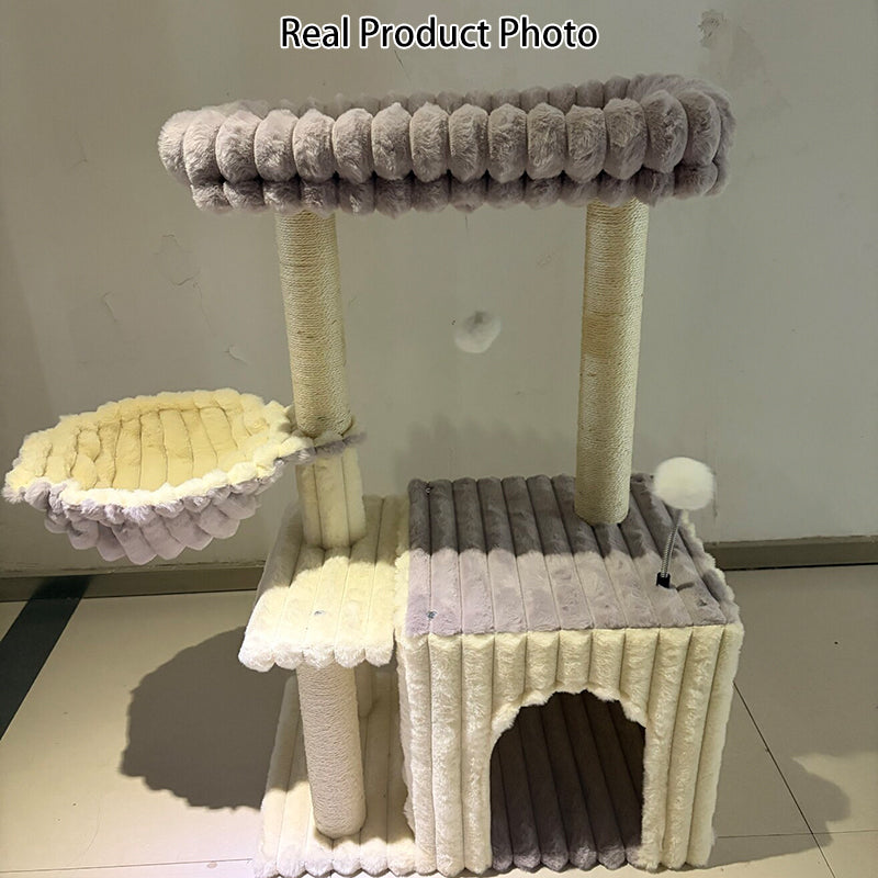 Contemporary Scandinavian Rectangular Particleboard Velvet Fabric Sisal 2-Condo 1-Perch Cat Tree For Bedroom