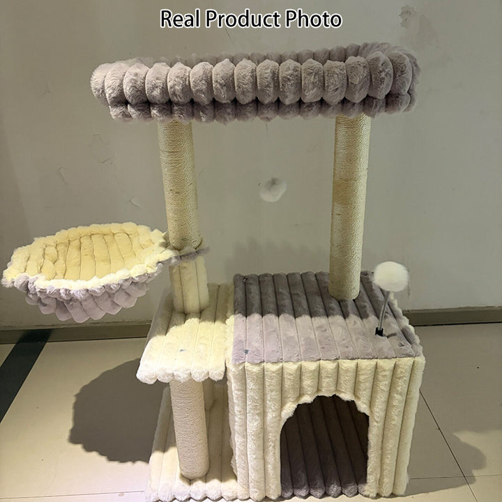 Contemporary Scandinavian Rectangular Particleboard Velvet Fabric Sisal 2-Condo 1-Perch Cat Tree For Bedroom