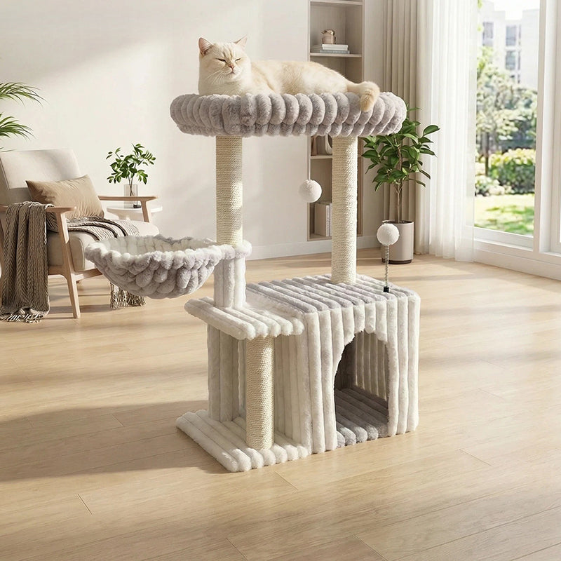 Contemporary Scandinavian Rectangular Particleboard Velvet Fabric Sisal 2-Condo 1-Perch Cat Tree For Bedroom